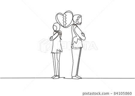 Single continuous line drawing divorced Arabian couple or couples are angry. Relationship break up, broken heart, couple facing opposite direction. One line draw graphic design vector illustration Single continuous line drawing divorced Arabian couple or couples are angry. Relationship break up, broken heart, couple facing opposite direction. One line draw graphic design vector illustration 84105860