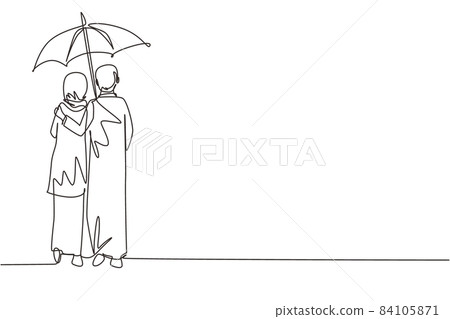 Continuous one line drawing back view lovers couple in rain. Arabic couple in love walking under rain with umbrella. Man and woman are walking along city street. Single line draw design vector graphic Continuous one line drawing back view lovers couple in rain. Arabic couple in love walking under rain with umbrella. Man and woman are walking along city street. Single line draw design vector graphic 84105871
