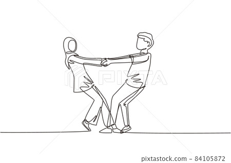 Single one line drawing happy Arab man and woman dancing on the floor at park. Romantic young wedding couple holding hands and spinning around. Continuous line draw design graphic vector illustration Single one line drawing happy Arab man and woman dancing on the floor at park. Romantic young wedding couple holding hands and spinning around. Continuous line draw design graphic vector illustration 84105872