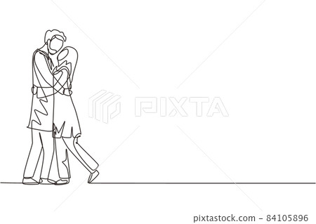 Single one line drawing Arabian man carrying and embracing woman