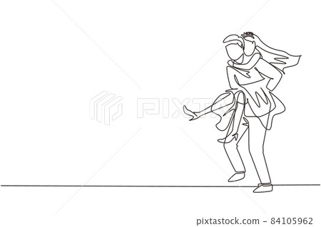 Continuous one line drawing husband carry his wife on his back. Romantic couple with wedding dress. Relationship concept in supporting and helping in any situation. Single line draw design vector Continuous one line drawing husband carry his wife on his back. Romantic couple with wedding dress. Relationship concept in supporting and helping in any situation. Single line draw design vector 84105962