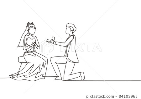 Single continuous line man makes marriage proposal woman with wedding dress and gives ring. Happy couple getting ready for wedding. Bride and groom celebrate engagement. One line draw design vector Single continuous line man makes marriage proposal woman with wedding dress and gives ring. Happy couple getting ready for wedding. Bride and groom celebrate engagement. One line draw design vector 84105963
