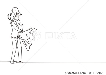 Single continuous line happy man carrying and embracing woman with wedding dress. Cute romantic married couple relationship celebrate wedding party. One line draw graphic design vector illustration Single continuous line happy man carrying and embracing woman with wedding dress. Cute romantic married couple relationship celebrate wedding party. One line draw graphic design vector illustration 84105965
