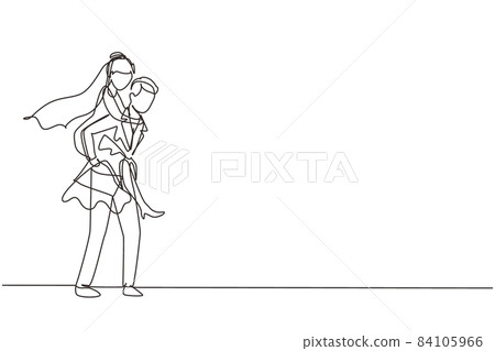 Single one line drawing cute married couple with man wearing suit carrying woman with wedding dress on his back. Happy romantic couple in love. Continuous line draw design graphic vector illustration Single one line drawing cute married couple with man wearing suit carrying woman with wedding dress on his back. Happy romantic couple in love. Continuous line draw design graphic vector illustration 84105966