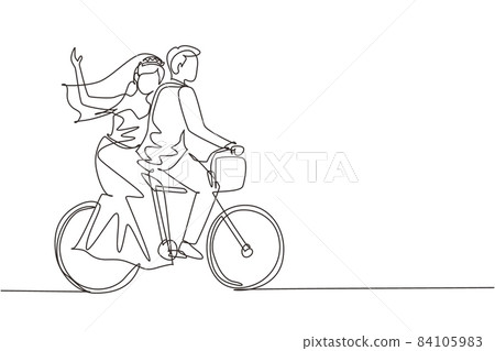 Single one line drawing happy married couple having fun on date riding bicycle in love. Back view of romantic teenage couple ride bike with wedding dress. Continuous line draw design graphic vector 84105983