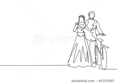 Single one line drawing back view of cute romantic married couple with bicycle walking in park on sunny autumn day. Man and woman in love with wedding dress. Continuous line draw design graphic vector 84105985