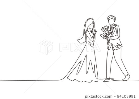 Single one line drawing man making proposal marriage to woman with bouquet. Boy surprises his girl wearing wedding dress and giving flowers. Love relation. Continuous line draw design graphic vector Single one line drawing man making proposal marriage to woman with bouquet. Boy surprises his girl wearing wedding dress and giving flowers. Love relation. Continuous line draw design graphic vector 84105991