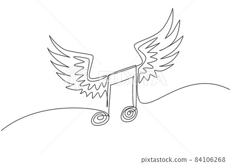 Single continuous line drawing musical notation with wings. Music symbol. Classic melody sign in flat design. Chords icon silhouette. Key note for piano and guitar. One line draw graphic design vector Single continuous line drawing musical notation with wings. Music symbol. Classic melody sign in flat design. Chords icon silhouette. Key note for piano and guitar. One line draw graphic design vector 84106268