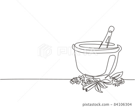 Single continuous line drawing mortar and pestle vintage line drawing. Ayurvedic medicine bowl. Herbal medicine concept. Isolated. Flat style. Dynamic one line draw graphic design vector illustration Single continuous line drawing mortar and pestle vintage line drawing. Ayurvedic medicine bowl. Herbal medicine concept. Isolated. Flat style. Dynamic one line draw graphic design vector illustration 84106304