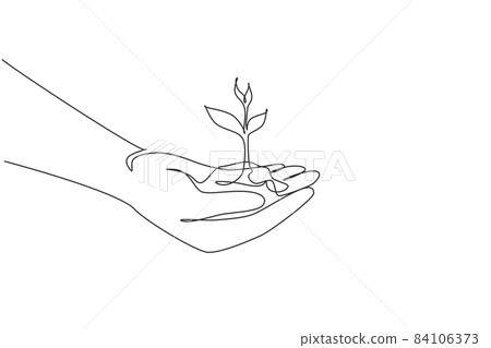 Continuous one line drawing close up image of human hands holding sprout. Hand holding tree on nature field grass forest conservation concept. Single line draw design vector graphic illustration 84106373