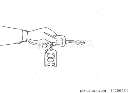 Single one line drawing hand holding car key and alarm system. Male hand holding car key with alarm keychain. Hand of car salesman manager holding key. Continuous line draw design graphic vector Single one line drawing hand holding car key and alarm system. Male hand holding car key with alarm keychain. Hand of car salesman manager holding key. Continuous line draw design graphic vector 84106484
