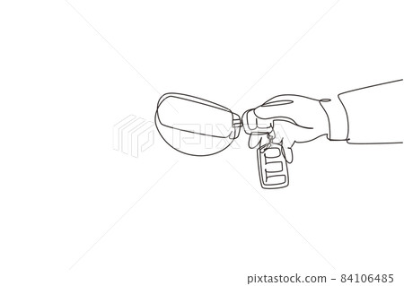 Single continuous line drawing woman with car key. Hand holding car key and alarm system. Female hand holding car key with alarm keychain. Dynamic one line draw graphic design vector illustration Single continuous line drawing woman with car key. Hand holding car key and alarm system. Female hand holding car key with alarm keychain. Dynamic one line draw graphic design vector illustration 84106485