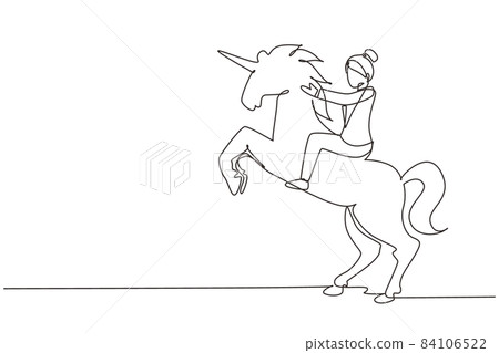 Single one line drawing businesswoman riding unicorn symbol of success. Business startup concept, looking at the goal, achievement, leadership. Continuous line draw design graphic vector illustration 84106522