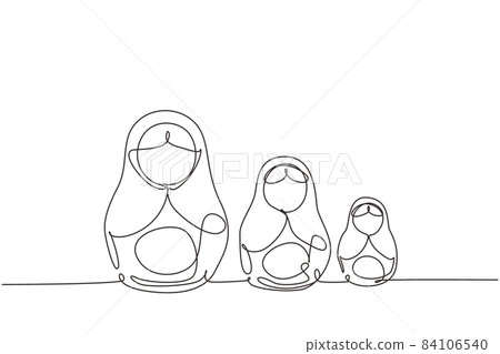 Continuous one line drawing matryoshka russian nesting dolls of different sizes, souvenir from Russia. Traditional Russian matryoshka dolls souvenir. Single line design vector graphic illustration Continuous one line drawing matryoshka russian nesting dolls of different sizes, souvenir from Russia. Traditional Russian matryoshka dolls souvenir. Single line design vector graphic illustration 84106540