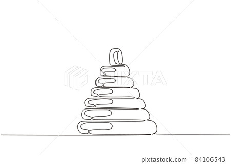 Single continuous line drawing children's plastic toy pyramid. Pyramid toy icon, Kids children stackable ring toy. Children pyramid or pile rings toy. One line draw graphic design vector illustration 84106543