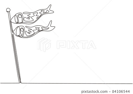 Single continuous line drawing Japanese carp streamers fluttering in the blue sky in early summer. Japanese traditional culture, annual event. Dynamic one line draw graphic design vector illustration Single continuous line drawing Japanese carp streamers fluttering in the blue sky in early summer. Japanese traditional culture, annual event. Dynamic one line draw graphic design vector illustration 84106544