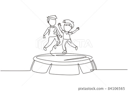 Single one line drawing two smiling boys jumping on trampoline together. Happy kids jumping on round trampoline. Active children outdoors games. Continuous line draw design graphic vector illustration 84106565