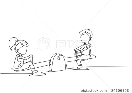 Single continuous line drawing boy and girl of preschool swinging on seesaw. Kids having fun at playground. Cute kids playing seesaw together happily. One line draw graphic design vector illustration 84106568