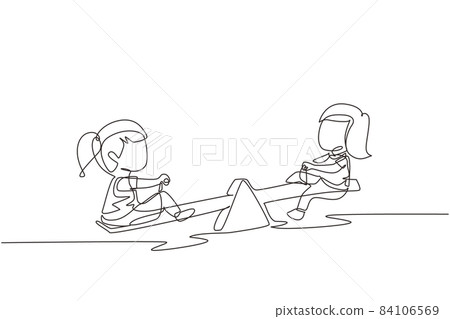 Continuous one line drawing two little girls swinging on seesaw. Kids having fun at playground. Cute kids playing seesaw together happily at park. Single line draw design vector graphic illustration 84106569