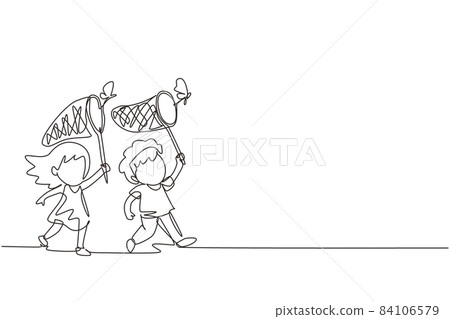 Continuous one line drawing cute little boys and girls catches butterfly. Happy child runs at garden together. Happy kids catching bugs in field. Single line draw design vector graphic illustration 84106579