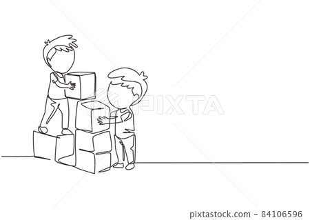 Single one line drawing two little boys playing blocks toys together. Educational toys. Children playing designer cubes, developmental constructor. Continuous line design graphic vector illustration 84106596