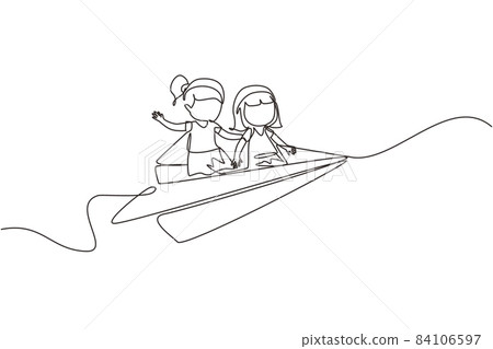 Continuous one line drawing Happy two little girls flying on paper plane. Kids flying on paper airplane together. Children back to school concept. Single line draw design vector graphic illustration 84106597