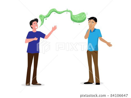 Young man covering his nose with his hand because his friend has bad breath. Very bad smell. Flat style cartoon vector illustration. Young man covering his nose with his hand because his friend has bad breath. Very bad smell. Flat style cartoon vector illustration. 84106647