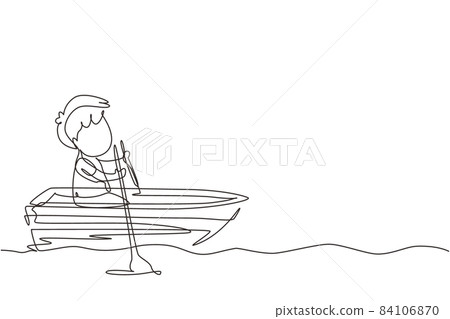 Single continuous line drawing cute little boy riding on boat at river. Kids riding on wooden boat. Kids rowing boat on lake. Happy children paddle boat. Dynamic one line draw graphic design vector 84106870