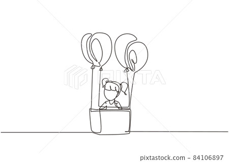 Single continuous line drawing cute girl sitting in cardboard box with balloons. Little pilot of hot air balloon. Creative kid character playing hot air balloon. One line draw graphic design vector Single continuous line drawing cute girl sitting in cardboard box with balloons. Little pilot of hot air balloon. Creative kid character playing hot air balloon. One line draw graphic design vector 84106897