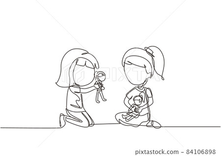 Continuous one line drawing smiling girls kids playing with dolls. Happy, kids playing together. Child characters with cute dolls. Childhood and preschool development. Single line draw design vector 84106898