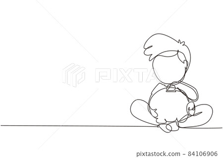 Single continuous line drawing cute little boys sitting on the floor puts coins in a piggy bank and dreams of buy something. Concept of saving money. One line draw graphic design vector illustration 84106906