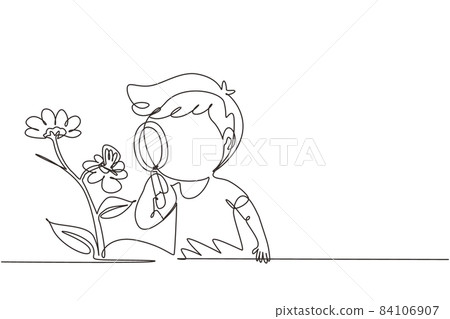 Single one line drawing little boy using magnifying glass and observing butterfly on leaf. Children observing nature. Kids activities. Modern continuous line draw design graphic vector illustration Single one line drawing little boy using magnifying glass and observing butterfly on leaf. Children observing nature. Kids activities. Modern continuous line draw design graphic vector illustration 84106907