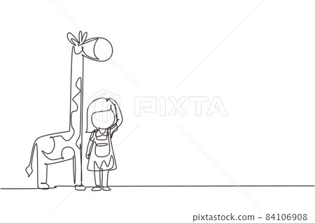 Continuous one line drawing little girl measuring her height with giraffe height chart on wall. Kid measures growth. Child measuring height concept. Single line draw design vector graphic illustration 84106908