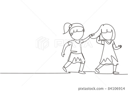 Single continuous line drawing toddler kids girls fighting with one pulling hair of the other. She look of shock and pain. Problem of physical bullying at school. One line draw graphic design vector 84106914