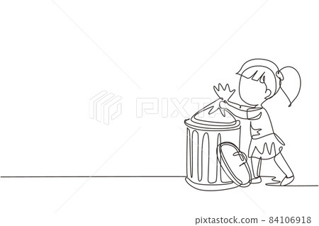 Single continuous line drawing little girl taking out the trash. Kids doing housework chores at home concept. Ecology themed. Eco education. Kid activities. Dynamic one line draw graphic design vector 84106918