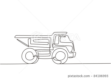 Single one line drawing dump truck toy. Heavy automobile for children's play. Auto in flat design. Kids toy dump truck transportation. Modern continuous line draw design graphic vector illustration 84106993