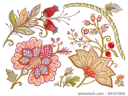 Fantasy flowers in retro, vintage, jacobean embroidery style. Fantasy flowers in retro, vintage, jacobean embroidery style. 84107968