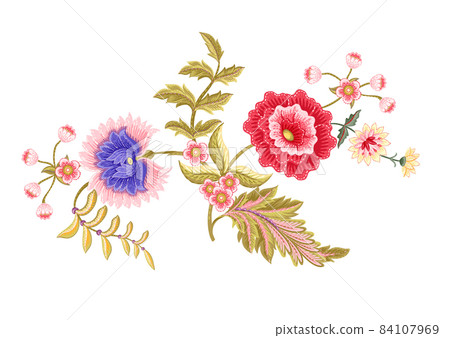 Fantasy flowers in retro, vintage, jacobean embroidery style. Clip art, set of elements for design 84107969