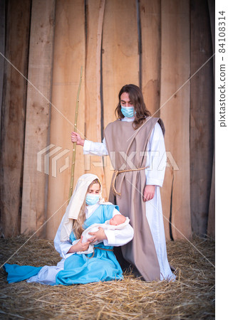 Nativity scene with the characters wearing facial masks 84108314