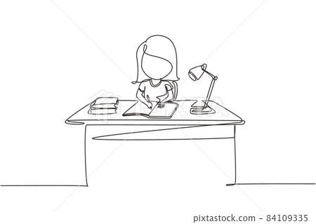 Continuous one line drawing girl studying on... - Stock Illustration ...