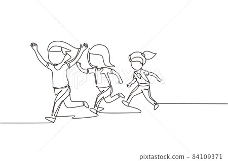 Single continuous line drawing children in athletics competitions. The girls run in stadium and finish. The child came running first and won. Dynamic one line draw graphic design vector illustration 84109371