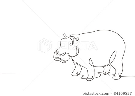 Single continuous line drawing big cute hippopotamus for company logo identity. Huge wild hippo animal mascot concept for national safari zoo. Dynamic one line draw graphic design vector illustration Single continuous line drawing big cute hippopotamus for company logo identity. Huge wild hippo animal mascot concept for national safari zoo. Dynamic one line draw graphic design vector illustration 84109537