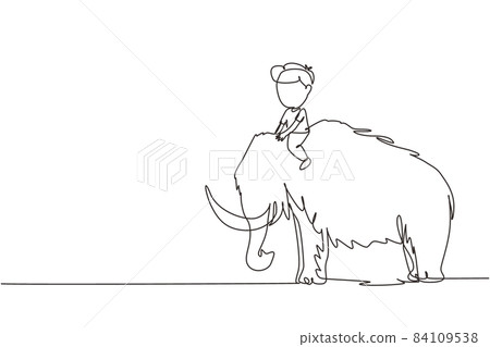 Continuous one line drawing little boy caveman riding woolly mammoth. Young kid sitting on back of mammoth. Stone age children. Ancient human life. Single line draw design vector graphic illustration 84109538