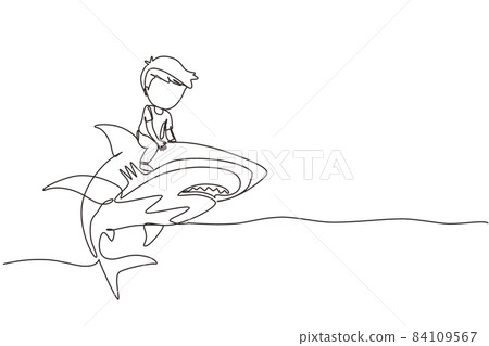 Continuous one line drawing little boy riding inflatable shark. Young kid sitting on back shark in swimming pool. Shark ocean fish in deep water. Single line draw design vector graphic illustration Continuous one line drawing little boy riding inflatable shark. Young kid sitting on back shark in swimming pool. Shark ocean fish in deep water. Single line draw design vector graphic illustration 84109567