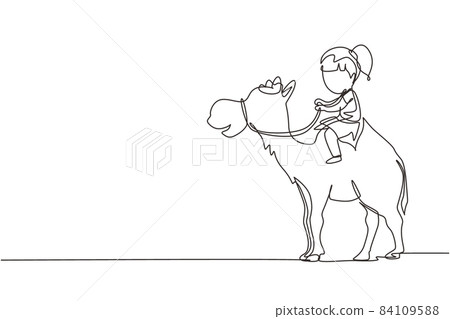 Single continuous line drawing happy little girl riding camel. Child sitting on hump camel with saddle in desert. Kids learning to ride camel. Dynamic one line draw graphic design vector illustration 84109588