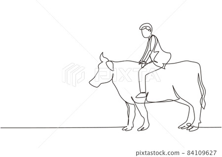 Continuous one line drawing businessman riding cow symbol of success. Business metaphor concept, looking at the goal, achievement, leadership. Single line draw design vector graphic illustration 84109627