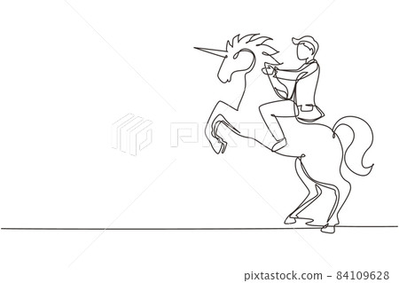Single continuous line drawing businessman riding unicorn symbol of success. Business startup concept, looking at the goal, achievement, leadership. One line draw graphic design vector illustration 84109628