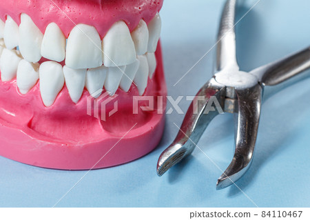 Stainless steel dental tongs and layout of the human jaw on the blue background. Stainless steel dental tongs and layout of the human jaw on the blue background. 84110467
