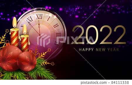 Christmas dark card with a round clock, burning candles, fir branches with festive balls 84111338