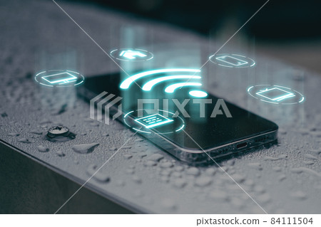 The concept of sharing the Internet via wifi via smartphone. Projections of computer icons, smart home over the phone. 84111504